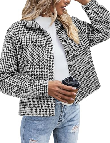 Zeagoo Damflanelljacka, rutig, långärmad, kort jacka, revers button-down shacket kappa, Svart 275, XS