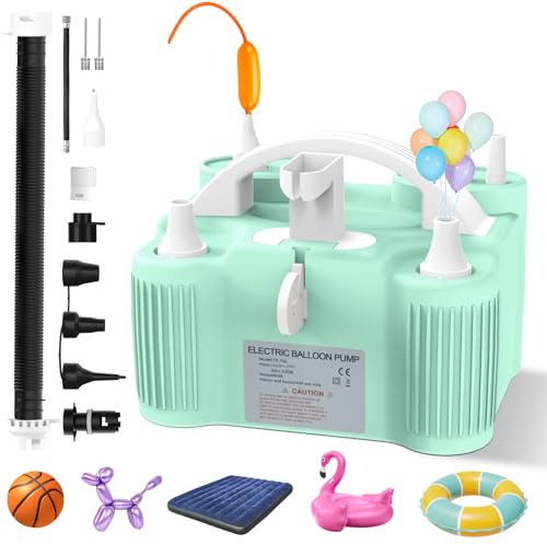 PlusFive 4-in-1 Pompa Aria Elettrica, Pompa per Palloncini Elettrica Multifunzione con Doppio Motore 11 Ugelli per Gonfiaggio/Deflusso di Palloncini Modellanti,Palloni Sportivi,Materassi Gonfiabili