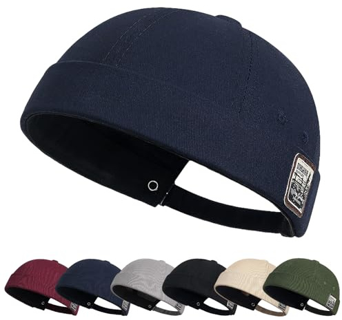 Tiakay Casquette Docker Homme en Coton sans Bordure - Skullcap Réglable Style Marin avec Manchette Roulée Retro (Marin)