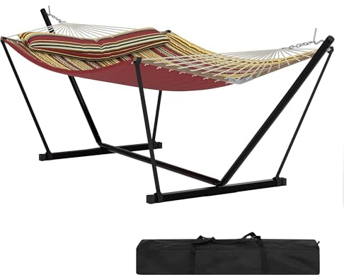 Garvee Hamaca para 2 Personas con Soporte y Barra, Rayas Azul y Verdes | Acolchada y Antidesgarro, 450 LBS, Portátil para Jardín Patio Playa, Incluye Bolsa de Transporte