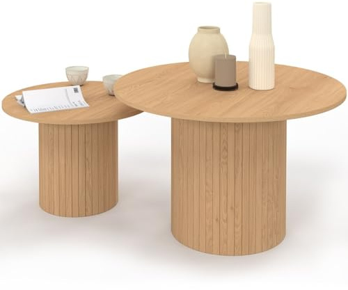 IDMarket - Lot de 2 Tables Basses gigognes Juliette Rondes 50/70 Effet Lattes tasseau Bois Coloris chêne