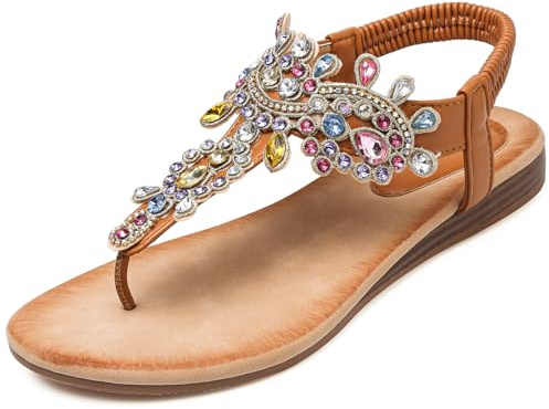 VLOOKST Women Flip Flops Sandals Ladies Toe Post Thong Sandals Back Strap Bohemian Rhinestone Summer Casual Flat Walking Slides Sandal Lightweight Non Slip Comfort Fashion Sandal UK Sizes 3-8