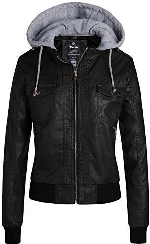 wantdo Women's Quilted Classic Faux Leather Short Jackets with Hood Black M