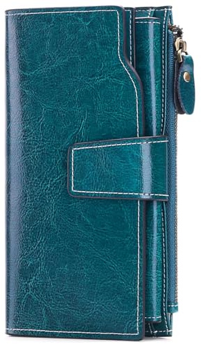 SENDEFN Damen Geldbörse Groß, Portemonnaie mit 20 Kartenfächern, RFID Schutz, Leder, Modern, Feminine Style, Hohe Qualität, Großes Fassungsvermögen, Ab-pfauenblau