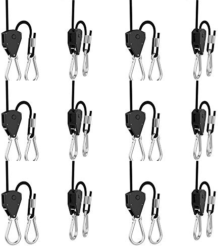 vanleno 6 Pairs 1/8 inch Adjustable Heavy Duty Rope Hanger - Reinforced Metal Internal Gears Ratchets foe Growing Light Fixtures, Loose-Proof Design, 8-ft Long & 150lbs Weight Capacity