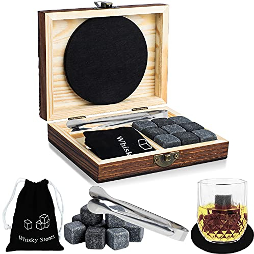 ProChosen Whisky Steine Set, 9 Eiswürfel wiederverwendbar aus Basalt mit Samtbeutel, hochwertiger Holzbox und Edelstahl Zange und 2 Untersetzer für Whiskey, Wodka, Gin & Mehr(Schwarz)