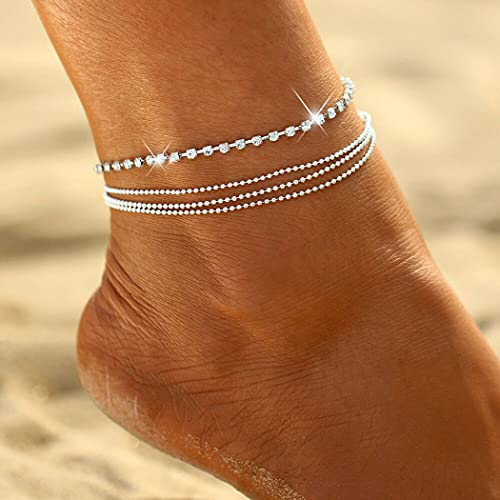 Wedity Boho Kristall Fußkettchen Silber Mehrschichtige Perlenkette Fußkettchen Armbänder Strandzubehör Fußschmuck Einstellbar für Frauen Mädchen