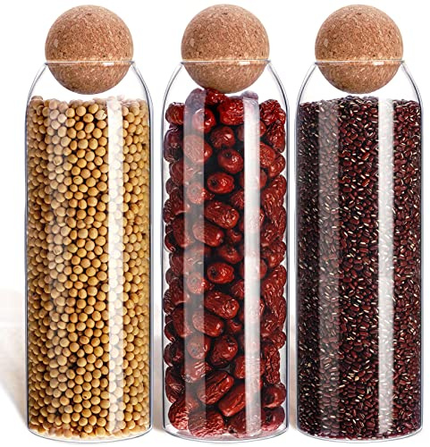 3 Pcs Glass Jar with Ball Cork Lid Decorative Round Bottle Sealed Canister Jar Storage Container Organizer with Airtight Seal Wooden Lid for Food Coffee Bean Candy Biscuits Spice(1300 ML/ 44 Oz)