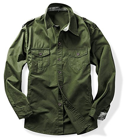 Tianerhay Men’s Military Cargo Shirt Lightweight Cotton Tactical Work Shirt Long Sleeve Regular Fit Combat Top for Hiking, Fishing Army Green M
