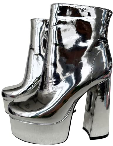 Frankie Hsu Kort stövel högklackad tjock plattform silver patent tjock klack mode Y2K cheerleader cyberpunk stor stor storlek ankelstövel för flicka kvinnor män, SILVER, 40.5 EU