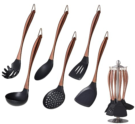 BUYER STAR Kitchen Utensil Set, 7 Pieces Silicone Cooking Utensils with Utensil Holder, Non-Scratch & Heat Resistant Cookware Tool, Ladle Pasta Server Spatula Serving Spoon Slotted Turner (Rose Gold)