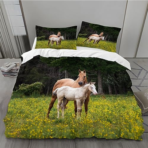 LANSHAN Housse de Couette 240x260 Cheval, Parure de Lit Colza, Ensemble de Lit Reversible, Housse de Couettes Microfibre et 2 Taies d'oreiller 65x65 cm, avec Fermeture Éclair