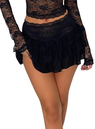 Achlibe Jupe Courte à Volants en Dentelle Florale pour Femme Y2k Taille Basse Ruffle Couches Enveloppantes Crayon Trapèze pour Sortie en Ville, Club, Streetwear, b-noir, S