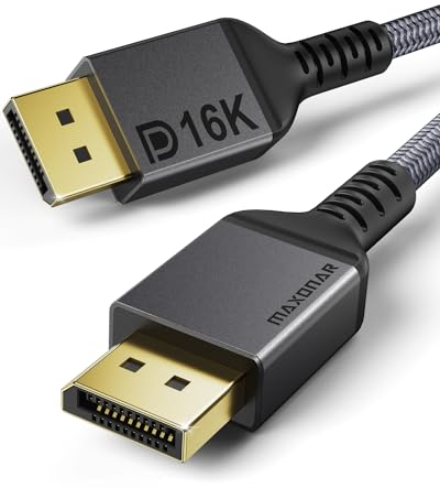 Maxonar 16K DisplayPort Kabel 3m 2.1 DP 2.0 Kabel 16K@60Hz,10K@60Hz,8K@120Hz, 4K@480Hz/240Hz 80Gbps HDR10 HDCP DSC 1.2a FreeSync G-Sync Display Port 2.1 für Gaming Monitor