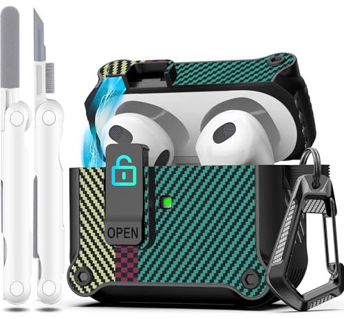 R-fun - Funda para AirPods de 3.ª generación 2021, protección Total contra caídas, Tapa emergente automática para Apple Airpod 3 Gen con Kit de Limpieza y Llavero,Fibra de Carbono Verde