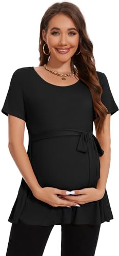 Smallshow Abbigliamento Premaman Tie Front Magliette e Top maternità Donna,Black,S