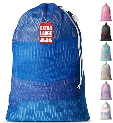 Handy Laundry Mesh Laundry Bag 24 x 36 Inches - Extra Large Heavy Duty Bag with Handles & Shoulder Strap, Breathable, Machine Washable for Dorm, Travel, Bedding & Storage - Blue