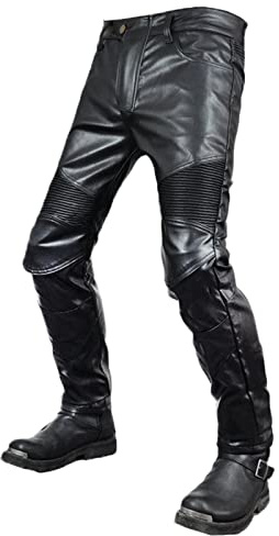 COLOYO Pantalon de moto en cuir pour homme, pantalon de protection de moto, coupe-vent, imperméable, résistant à l'usure, pantalon en cuir élastique certifié CE, armure amovible, noir-XL
