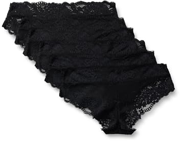 Amazon Essentials Slip in Pizzo Elasticizzato Morbido, Modelli Bikini, Cheeky, Perizoma a Vita Alta, Hipster e Perizoma Donna, Confezione da 6, Nero, 52