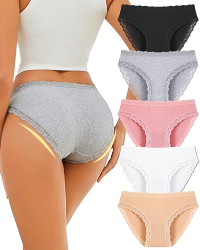 ALL OF SHE Culotte Femme Coton Dentelle, Douce Confortable Respirante, Slip Bikini Taille Basse, sous-Vêtements,Lot de 5, Tissu Côtelé, Doux pour la Peau, S