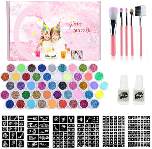 Glittertatueringsset för barn, tangger glittertatuering 48 färger tillfälliga glittertatueringar, 243 mallar, 5 penslar, 2 rör lim, 2 diamantklistermärken lämpliga för karneval och födelsedagsfester