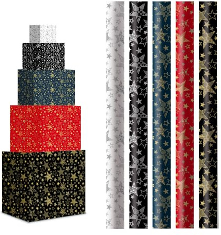 H HANSEL HOME Pack 5 Rollos Papel de Regalo 70x200cm – Diseño Estrellas Doradas, Colores Surtidos – Papel Grande y Resistente para Navidad, Cumpleaños y Fiestas