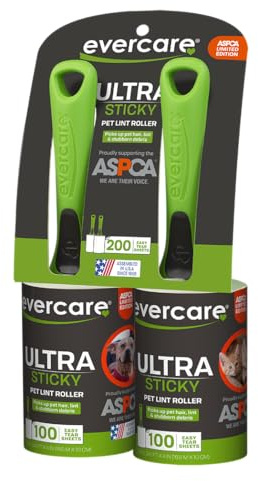 Evercare Pet Hair Lint Rollers All Purpose Use 100 Easy-Tear Sheets Per Roll Reusable Sticky Roller Pets Cat & Dog Hair Remover Contoured Handle for Furniture Clothing & Cars, Set of 2, Green