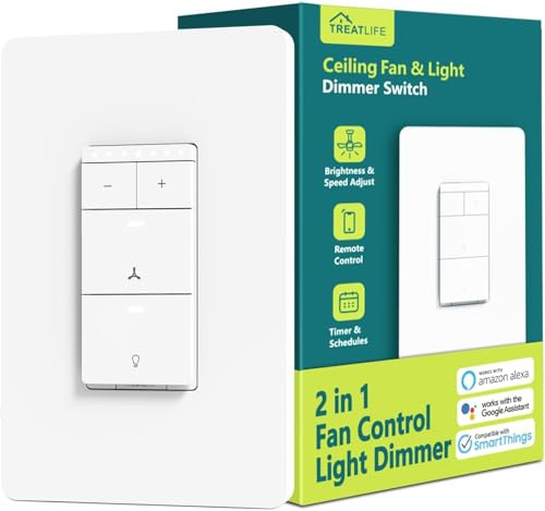 TREATLIFE Smart Ceiling Fan Control and Dimmer Light Switch, 2.4GHz WiFi Only, Neutral Wire Required, Single Pole Fan & Light Switch Combo, Works with Alexa, Google Home, Remote Control