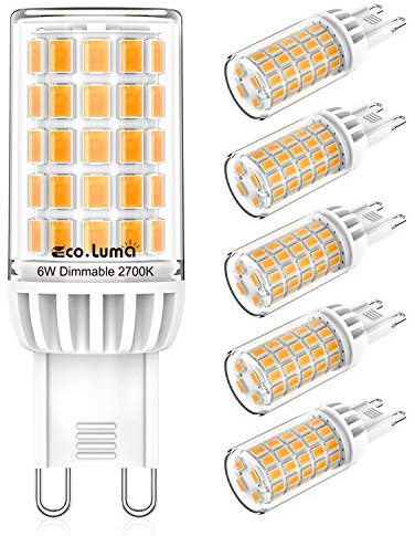 G9 LED Dimmbar Lampen 6W, Warmweiß 2700K Glühbirnen Ersatz für 50W 60W Halogenlampen, Standard G9 Sockel Birne Kein Flackern, AC220-240V, 360° Abstrahlwinkel LED Leuchtmittel, 5er Pack, Eco.Luma