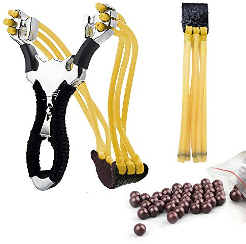 Deweey Steinschleuder Zwille Set, Edelstahl Schleuder Katapult Slingshot Sportschleuder mit 2er Ersatzgummi + 100 St. Rundkugeln