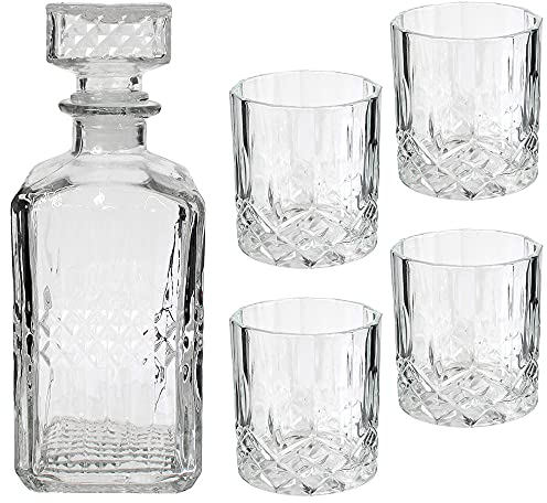 NAWA Home & Work - Juego de Decantador y Vasos para Whisky 5 Piezas | Elegante Vidrio Tallado | Sello Hermético de Silicona | Ideal para Regalo, Vidrio
