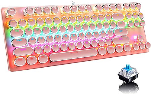 Hsitoolg Mechanical Gaming Pink Keyboard,87 Key Retro Punk Typewriter-Style,Blue Switch RGB Backlit Keyboard,Anti-Ghosting, USB Wired, for PC Laptop Desktop Computer, for Game and Office