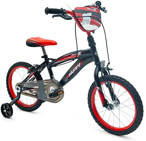 Huffy Moto X 16 tum pojkcykel svart och röd 5-7 år gammal snabbanslutning montering + stabilisatorer