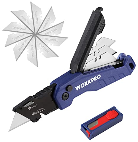 WORKPRO Cúter Plegable con Mango Aluminio Azul, Cuchillo Plegable de Cambio Rápido, con Almacenamiento de Hoja y Clip para Cinturón, incluido14 Hojas Cuchillas
