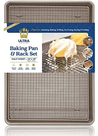 Ultra Cuisine Wire Rack Baking Sheet Pan Set - Half Sheet Pan Set with 100% Stainless Wire Rack - Dishwasher Safe - Steel Reinforced Rim - Aluminum Cooling racks for Cooking and Baking - Champagne