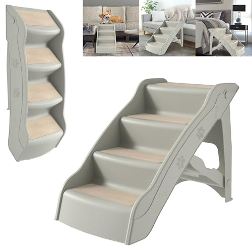 YRHome Escalier Pliable pour Chiens et Chats à 4 Marches en Plastique, Rampe pour Chien avec Tapis Antidérapant, Escalier pour Animaux pour Lit et Canapé, Escalier pour Animal Âgé/Blessé - Gris