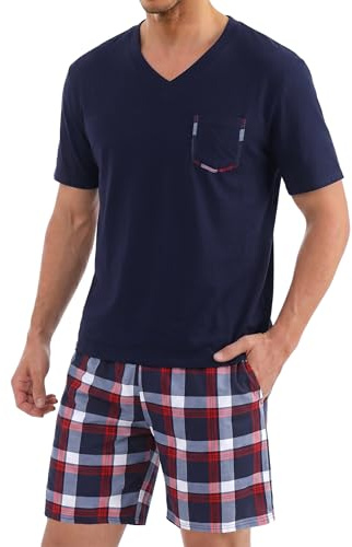 Uniexcosm Ensemble de Pyjama Été Pyjama Homme Coton Court Pyjama Homme Pantalon Manches Courtes Bleu Marine XL