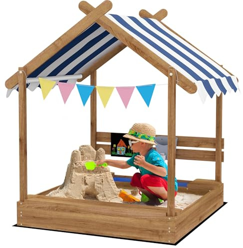 Outsunny Arenero para Niños de Madera, Arenero Infantil en Forma de Casa con 2 Asientos, Toldo, 6 Banderines, 2 Bandejas Extraíbles, Grifo y Pizarra, para Patio, Jardín, 124x116x146 cm, Marrón