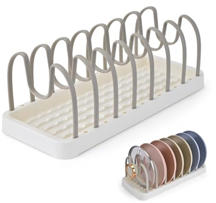 Clove Organizador Platos Cajón Cocina, Organizador de Platos Armario Plástico sin BPA, Ajustable Soporte Platos Vertical 7 Compartimentos, Bandeja Escurreplatos Seca Platos Escurridor Blanco Beige