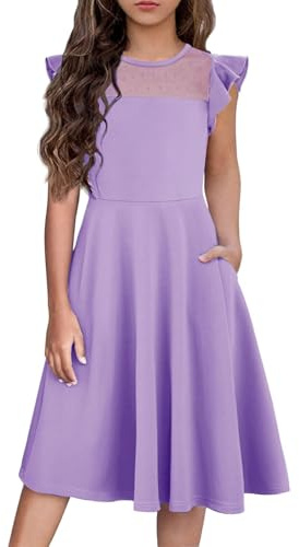 Arshiner Vestido de Verano para niñas, con Volantes, Manga Corta, de Malla, Corte A, Informal, para Fiesta, con Bolsillos, Morado, 140