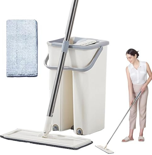 Balai Magique Et Seau Essoreur, Balai Plat Microfibre 122cm Et Seau Essoreur, Serpillière Rotative 360° Et Seau Auto-Lavage, Vadrouille De Mains Libre pour Sols Bois, Stratifiés, Carrelage Et Marbre