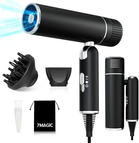 7MAGIC Travel Ionic Hair Dryer, Lightweight Foldable Blow Dryer with Diffuser for Curly Hair & Constant Temperature Care, Anti-Hair Suction Technology Hairdryers for Women, Black