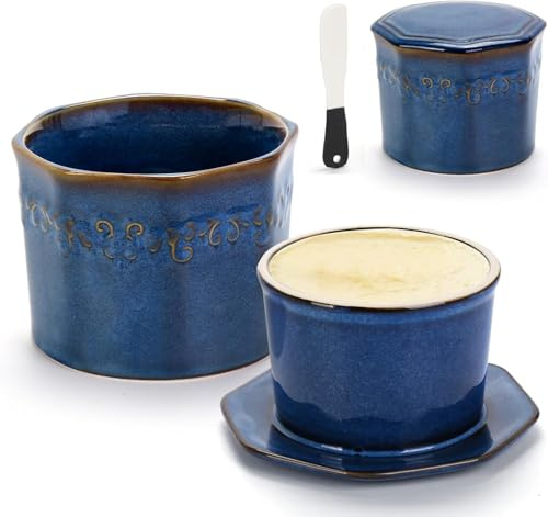 Happy Fox Mantequera francesa con agua, 280 g de cerámica con tapa, cuchillo de cerámica, campana grande para almacenamiento de mantequilla y decoración de cocina del hogar (azul)
