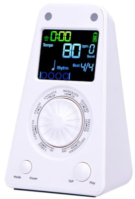 Asixxsix Digital metronom för piano gitarr violin trumma guzheng, uppladdningsbar professionell elektronisk metronom med justerbar volym, Bluetooth-högtalare, 8 rytmer, LCD-display (Vit)