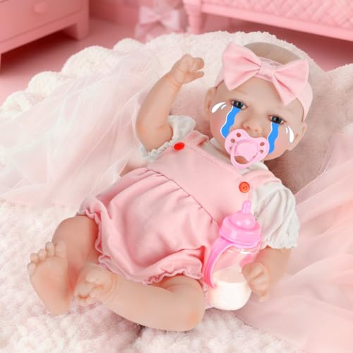 JONRRYIN Bebe Reborn con Sensor de Gravedad, 43cm Muñecos Bebes Nina, Baby Reborn Que Llora, Ríe y Respira, Ideal para Niños Desde 3 4 5 6 7 8 Años (Rosa)