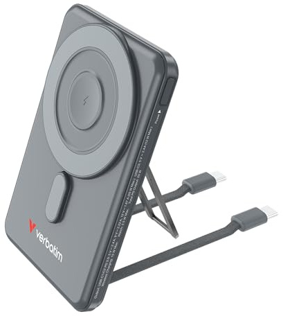 Verbatim Charge 'n' Go MagSafe Powerbank 5 000 mAh med 2 x USB-C kabel grå | 10 000 mAh MagSafe powerbank med 15 W trådlös laddning, PD22,5 W, LED-skärm och fällbart stativ för resor