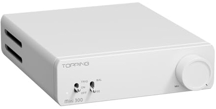 Topping Mini300 Amplificateur de puissance compact de bureau – Amplificateur de classe D entièrement symétrique, entrée TRS/RCA 12 V, distorsion extrêmement faible, sans bruit, sûr et fiable (blanc)