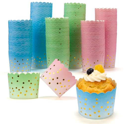 HuiJinXin 150 st. muffinsformar papper, cupcake-formar, minimuffinsformar papperskoppar, pralinformar papper, gyllene prickar, grön rosa blå, för bröllop, alla hjärtans dag, födelsedag, fest