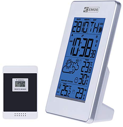 EMOS Drahtlose Wetterstation mit Funkuhr, Innen- und Außentemperaturanzeige, Thermometer, Hygrometer, Wecker, Kalender, schwarz