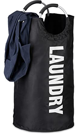 Relaxdays Sacco Portabiancheria Pieghevole, con Manici, Contenitore per Biancheria Rotondo, Nero, 60 l, HxØ: 70 x 38 cm